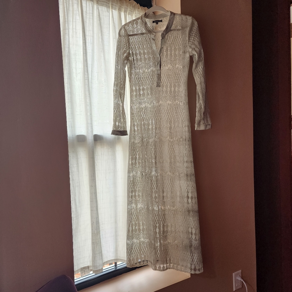 Maxi length see-through knitted Gracia dress in light grey.